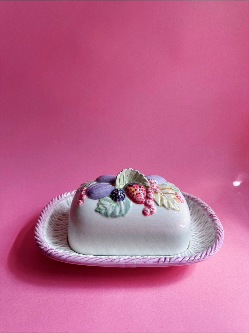 Vintage Portuguese Hand-Painted Ceramic Fruit Butter Dish - Pink Trim